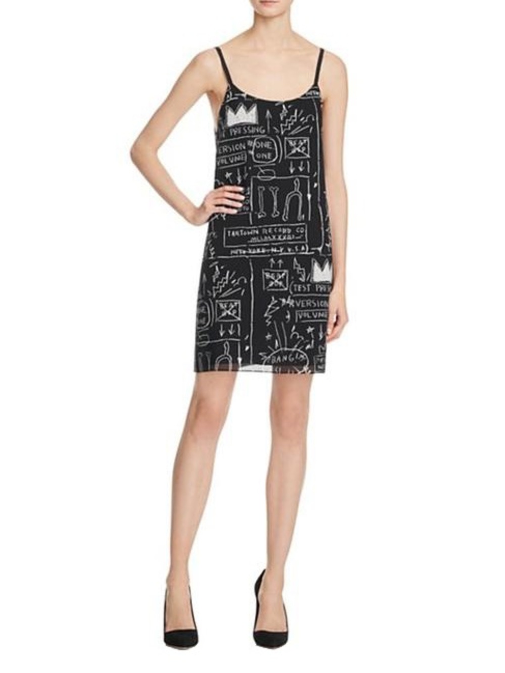 Alice and Olivia x Basquiat Emme Black Graffiti Silk Slip Dress